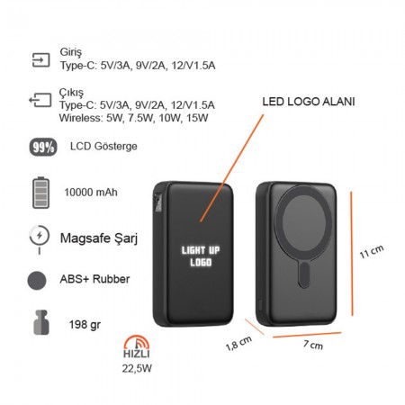 Işıklı Logo Hızlı Wireless Şarj Magsafe 10000 mAh
