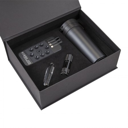 5067 Siyah - Siyah Mug Çakı & Fener & Powerbank & Termos Set