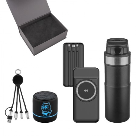 5082 Siyah Powerbank & Kablo & Hoparlör & Termos Set